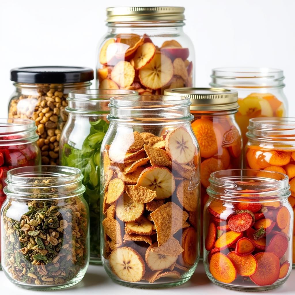 Glass Jars Filled with Dehydrated Fruits, Vegetables, and Herbs