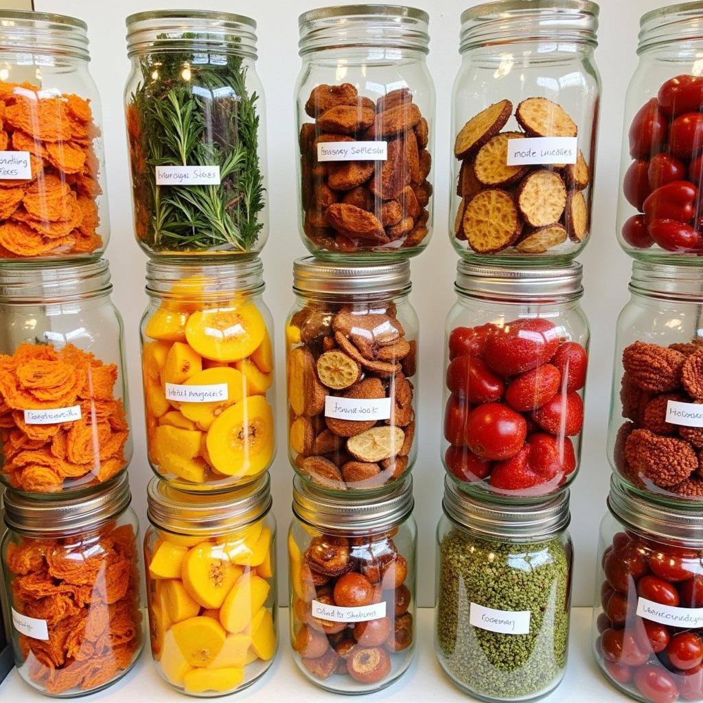 Dehydrated Food Storage: Variety of Fruits, Vegetables, and Herbs 