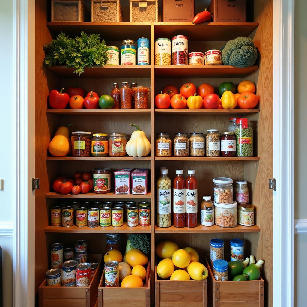 Shelves stocked with a variety of nutritious food options in a client-choice pantry setting