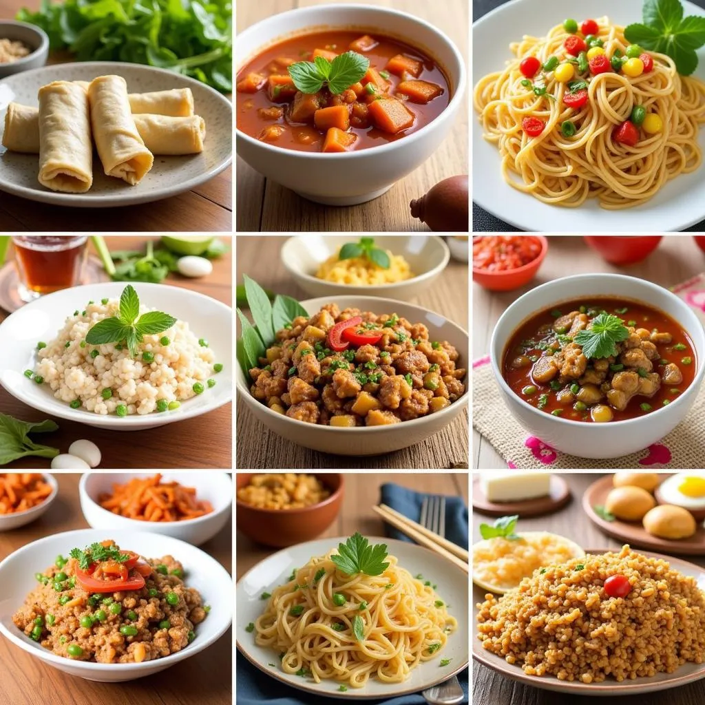  An assortment of frozen Thai dishes, each labeled clearly with its name, arranged on a table against a backdrop of Thai cultural elements.