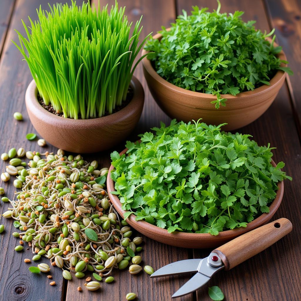 Wheatgrass, barley grass, and alfalfa on a table