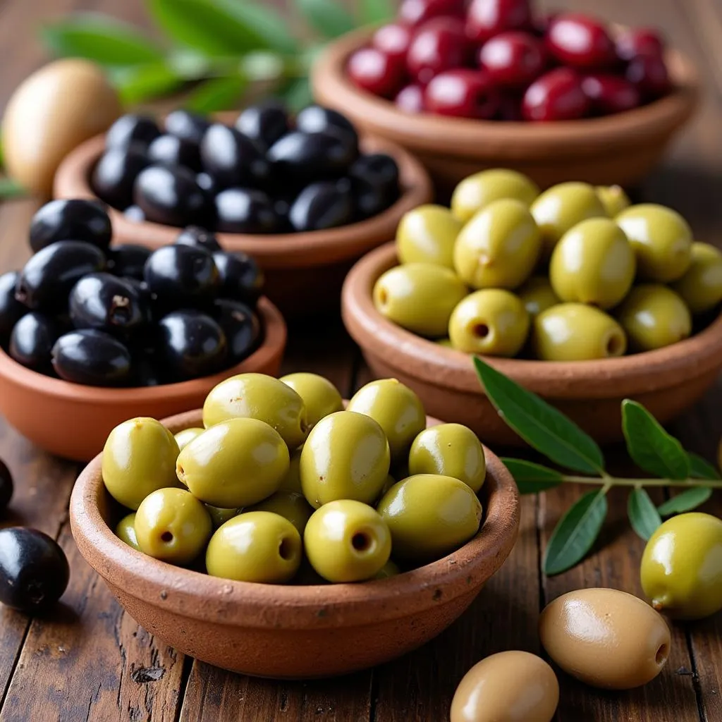 Bowls brimming with a variety of Greek olives.