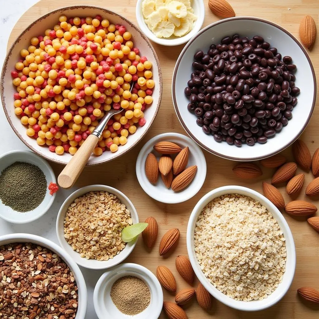 An assortment of legumes, grains, and nuts arranged in bowls on a countertop