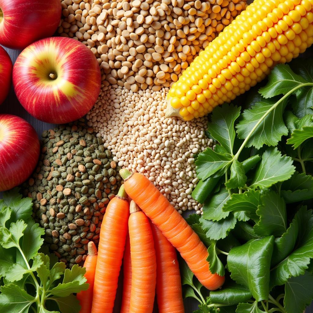 An assortment of grains, fruits, and vegetables that are commonly used in pig feed