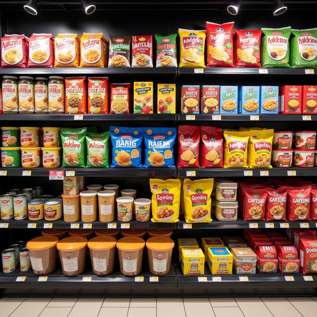 Display of colorful powder food products on store shelves, showcasing the variety available.