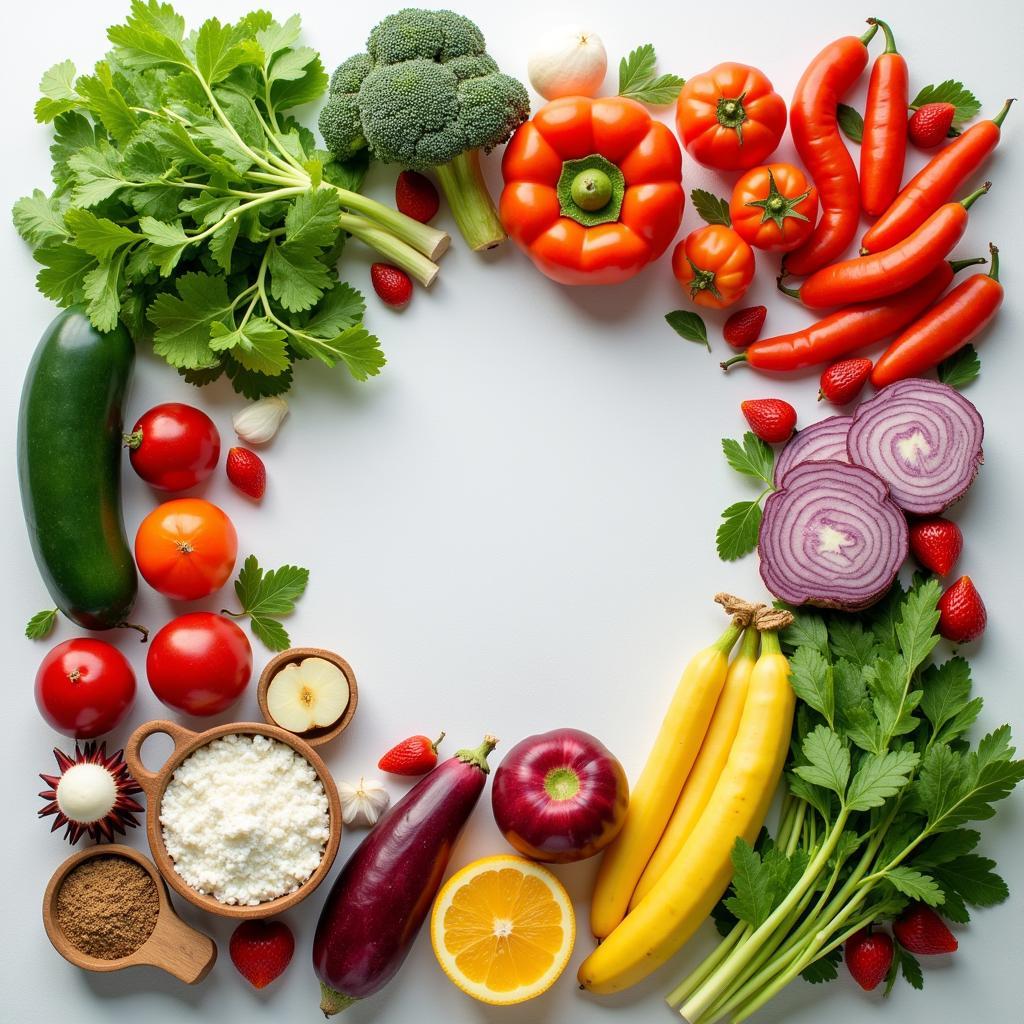 A vibrant spread of fruits, vegetables, nuts and seeds for a raw food diet