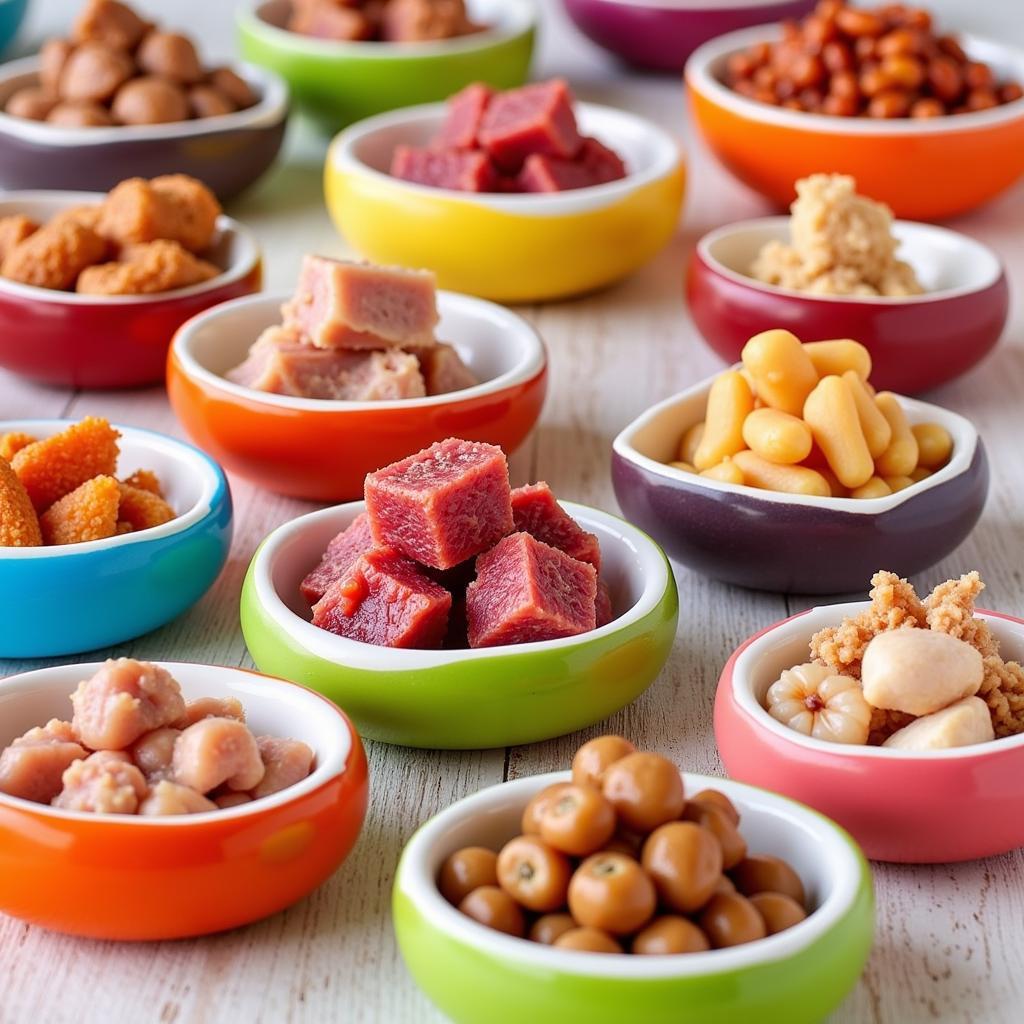 Different types of raw pet food in bowls.