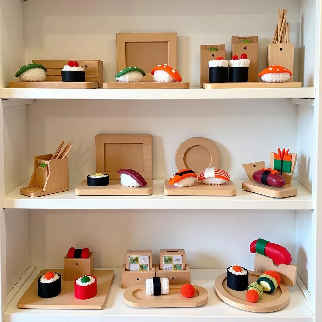 Display of different sushi play food sets showcasing various materials, sizes, and accessories to help customers make informed choices.