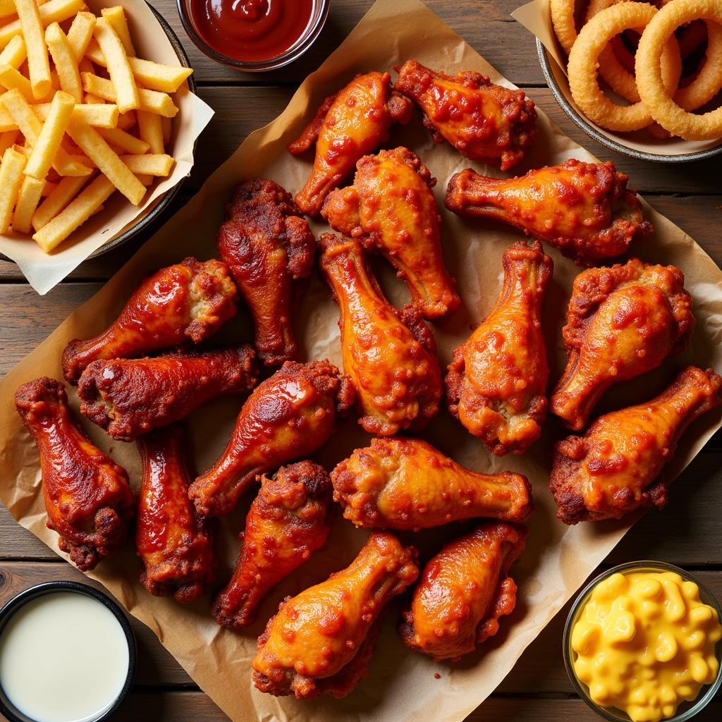 A mouthwatering spread of different flavored chicken wings and side dishes