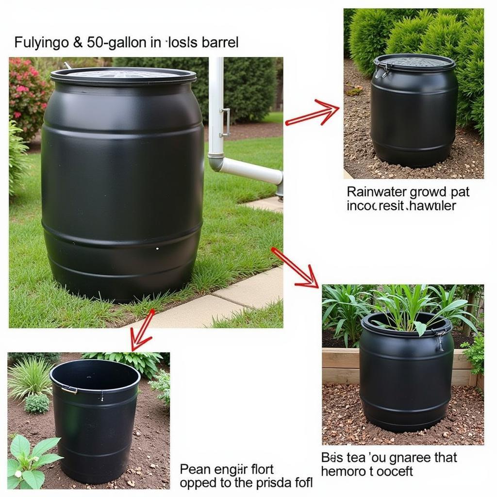 Different uses for 50-gallon food-grade barrels, including water storage, composting, and gardening.