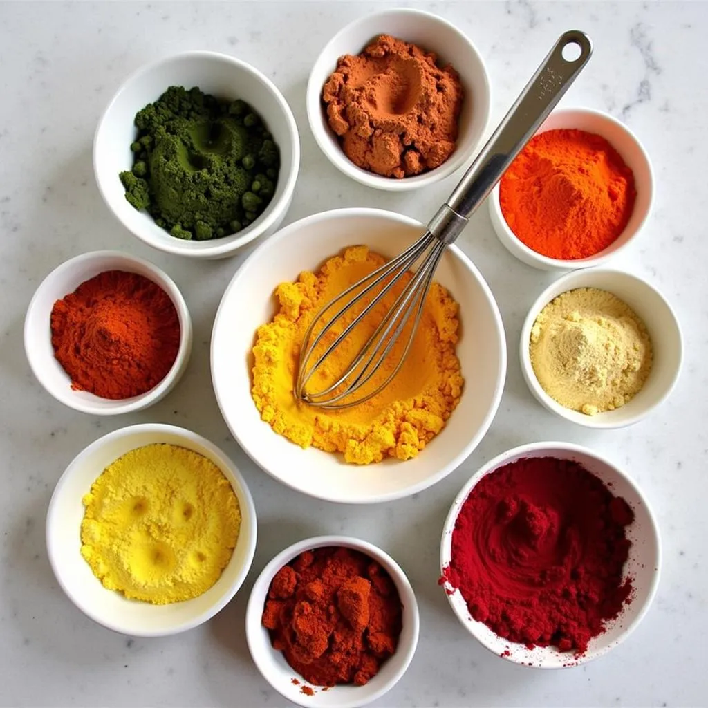 Bowls Filled with Various Coloring Food Powders