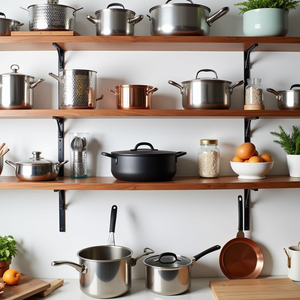 Different types of cookware organized on shelves