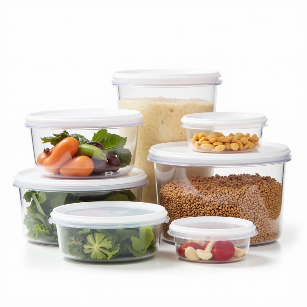 An assortment of glass, stainless steel, and bamboo containers, labeled for organized pantry storage.