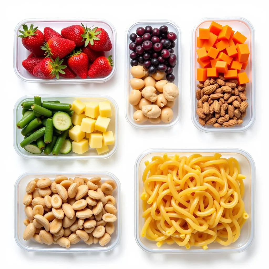 An assortment of food items neatly organized in 1 1/2 cup containers.