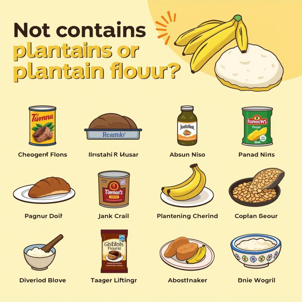 An assortment of different foods that contain plantains, such as chips, flour, and baked goods.