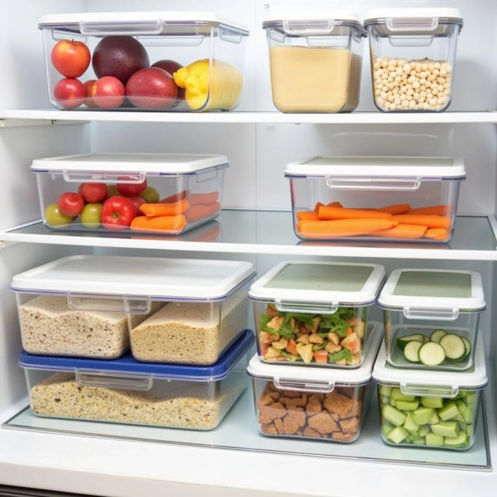 Various Foods Stored in Square Plastic Containers in Refrigerator