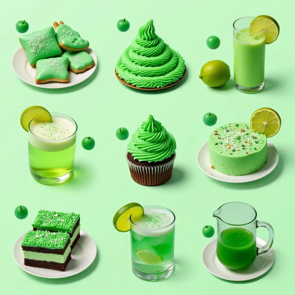 An assortment of vibrant green colored foods like frosting, cookies, and drinks.