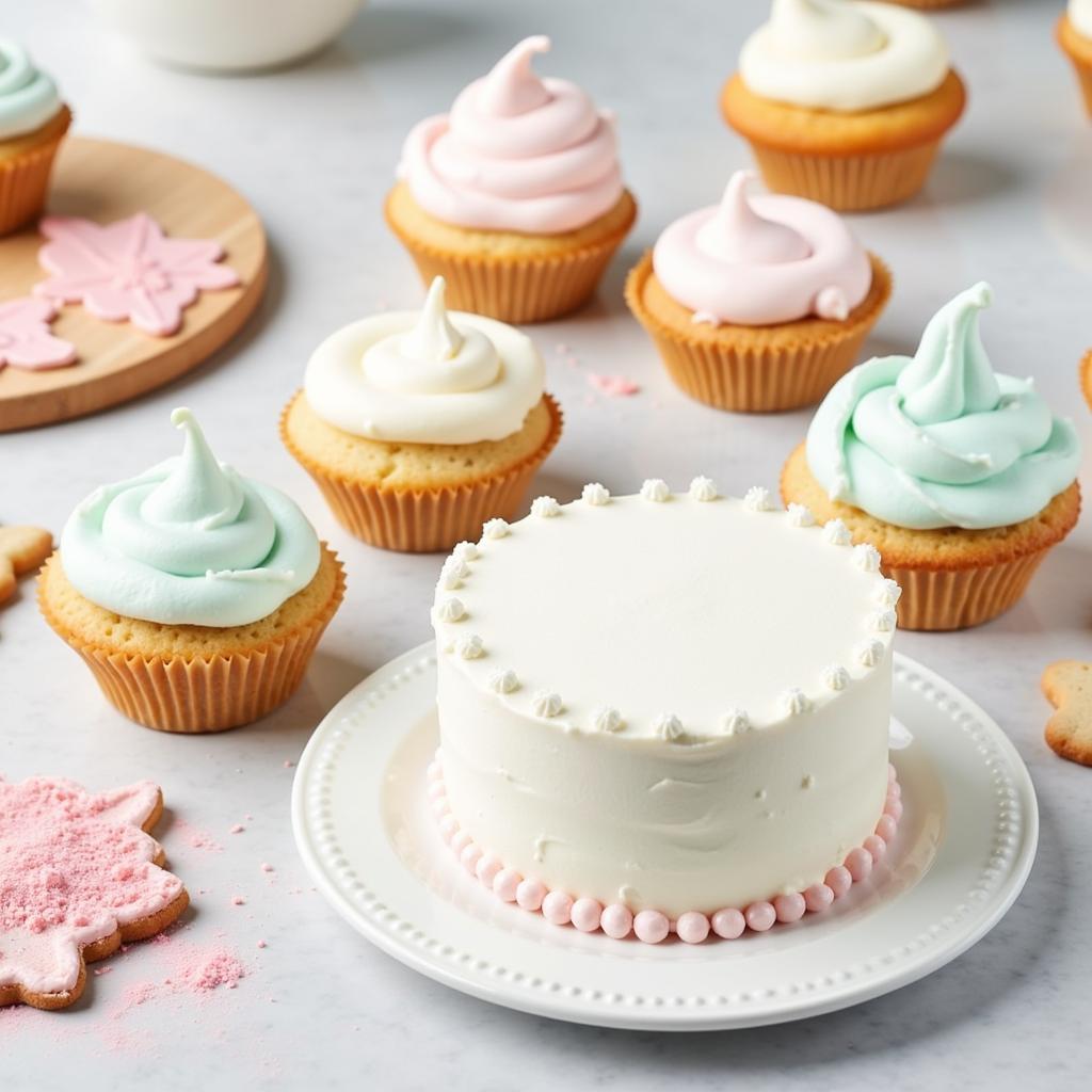 An assortment of pastries decorated with frosting colored using white food gel.