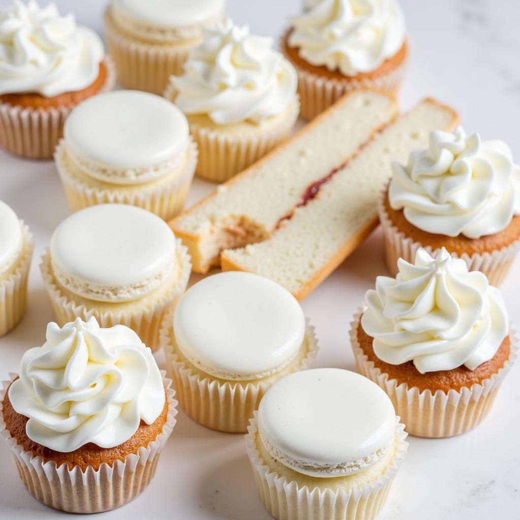 An assortment of pastries decorated with bright white frosting and intricate details.