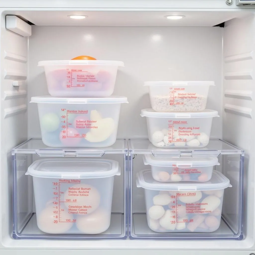 Various sized plastic food storage containers with measurements, neatly stacked in a refrigerator.