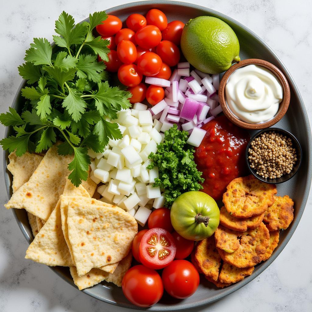 An array of colorful toppings arranged for totopo preparation