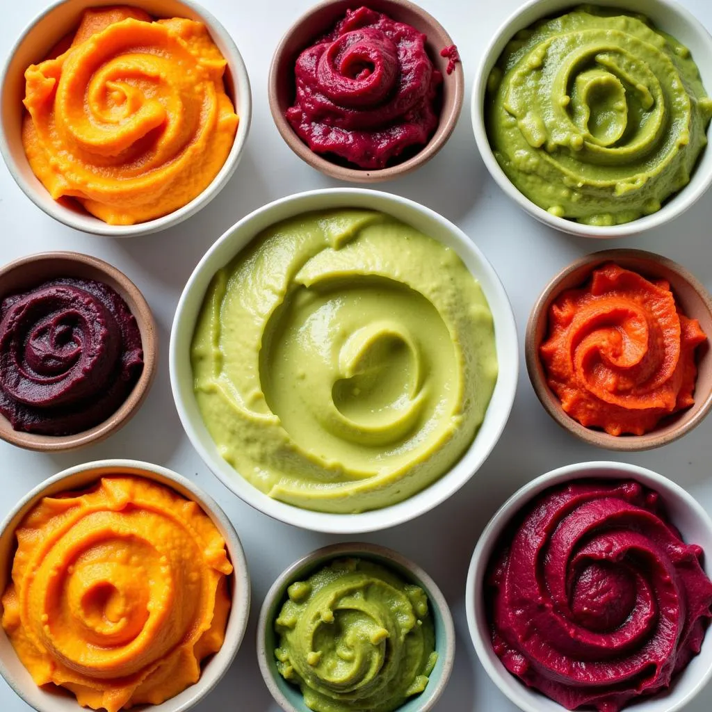 Colorful vegan baby food purees in bowls