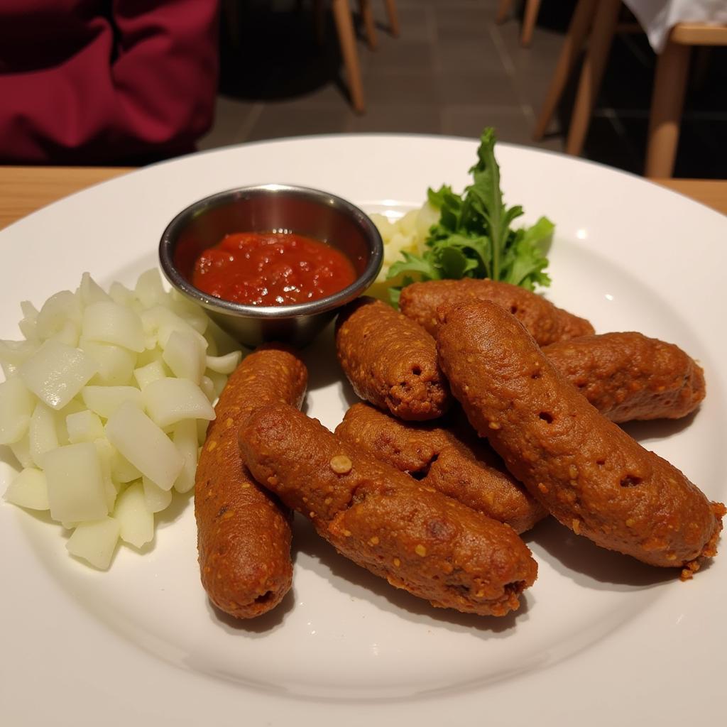 Plate of vegan cevapi served with onions and ajvar in Split, Croatia.