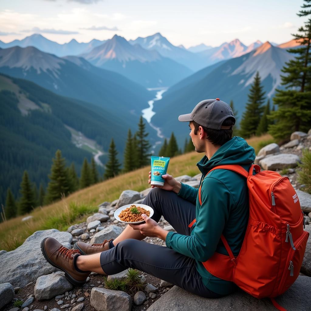 Vegan Hiker Enjoying Freeze Dried Meal