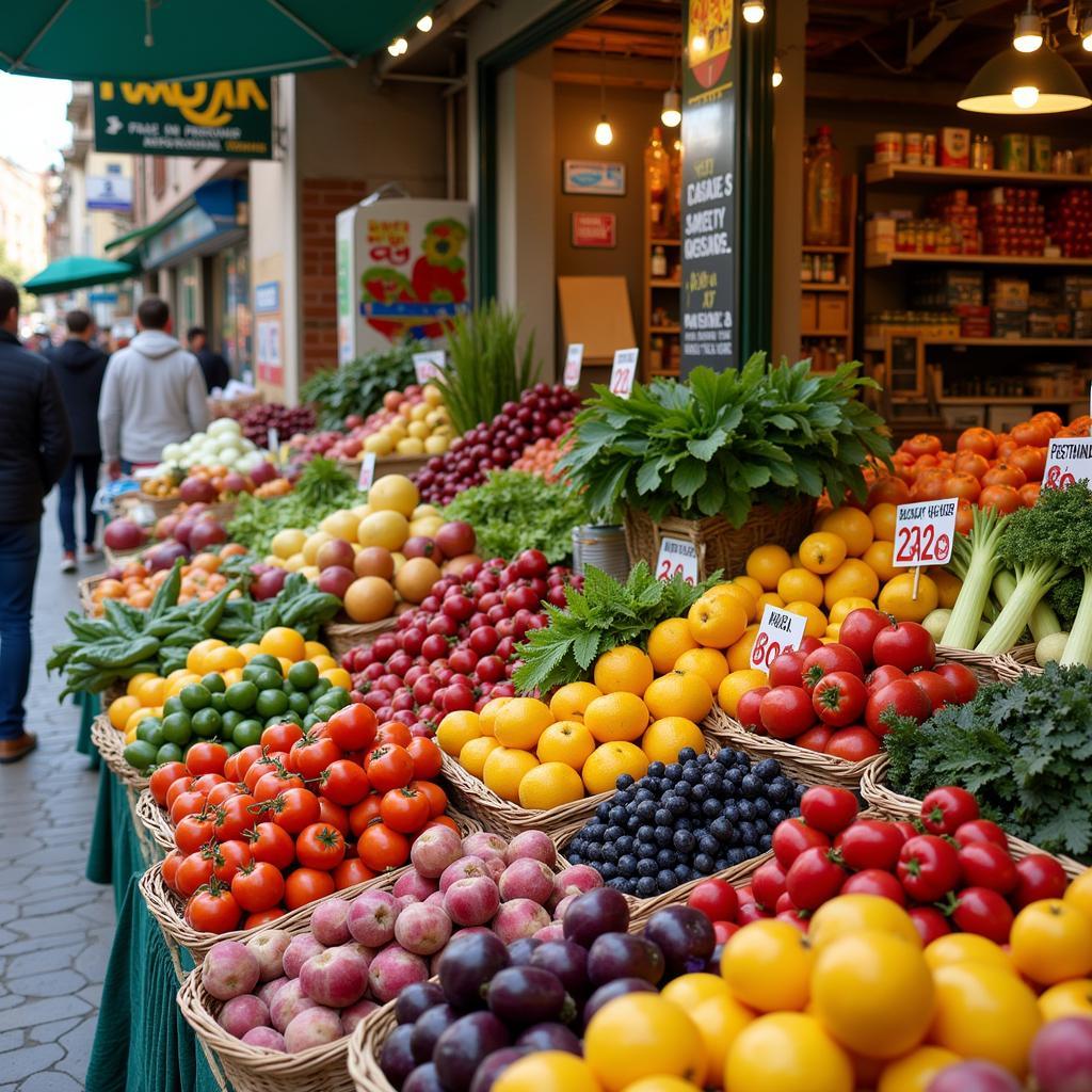 Vibrant display of fresh produce at a vegan market in Zagreb, Croatia.