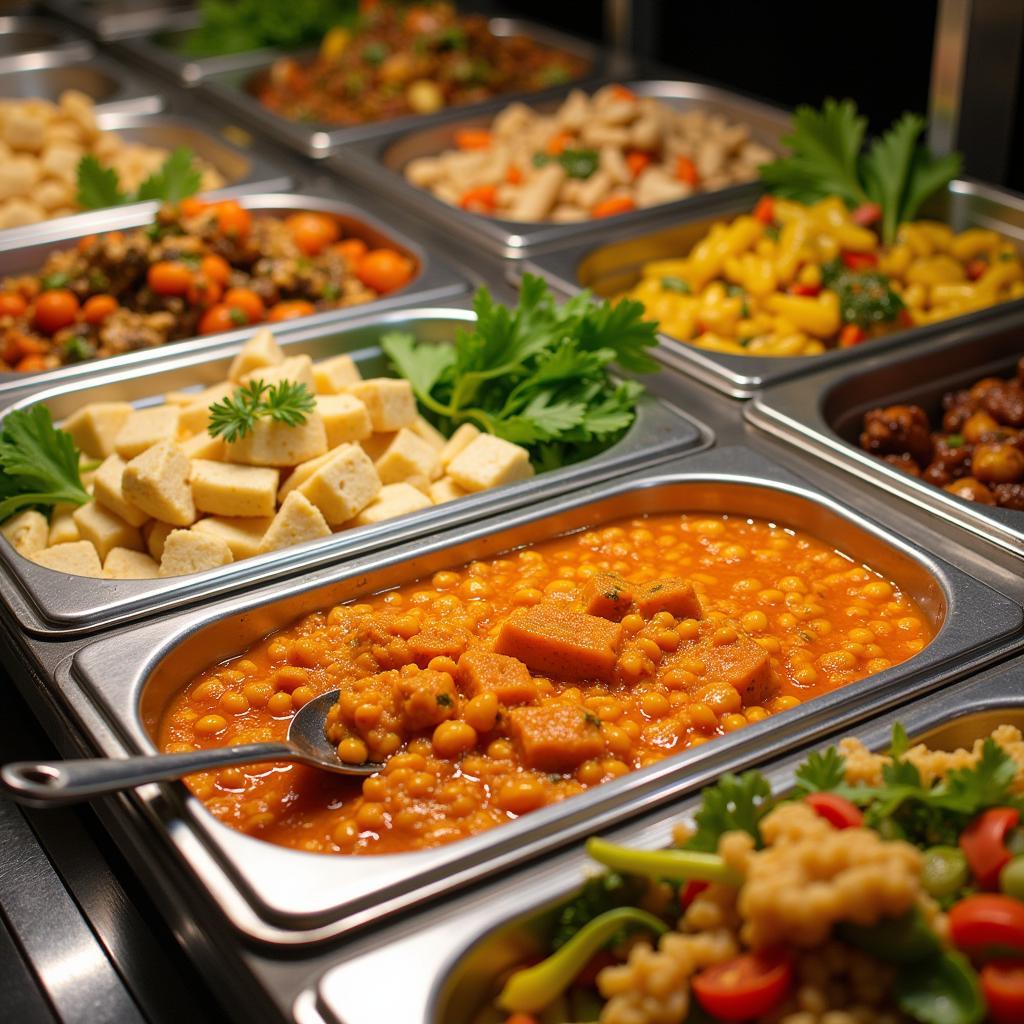 A steam table with a focus on vegetarian dishes