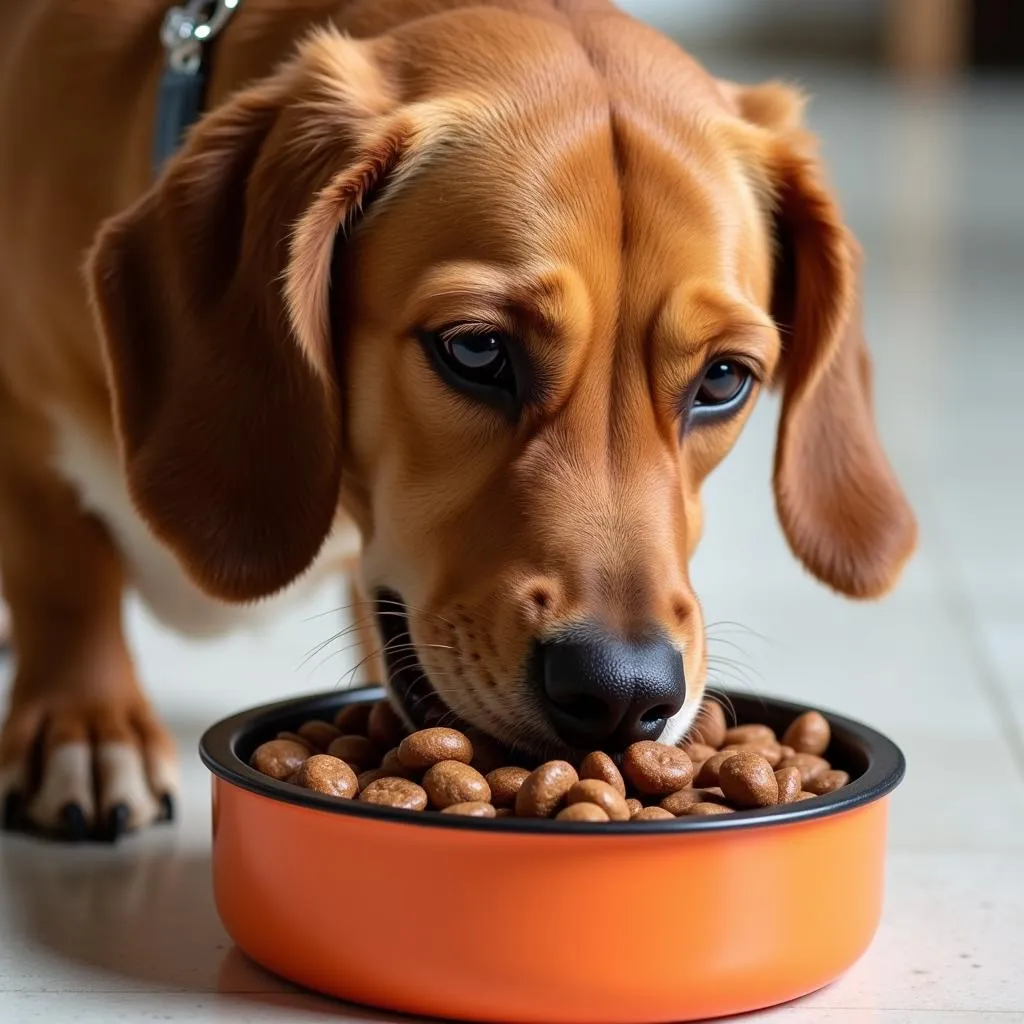 A brown dog enjoys a bowl of venison dog food