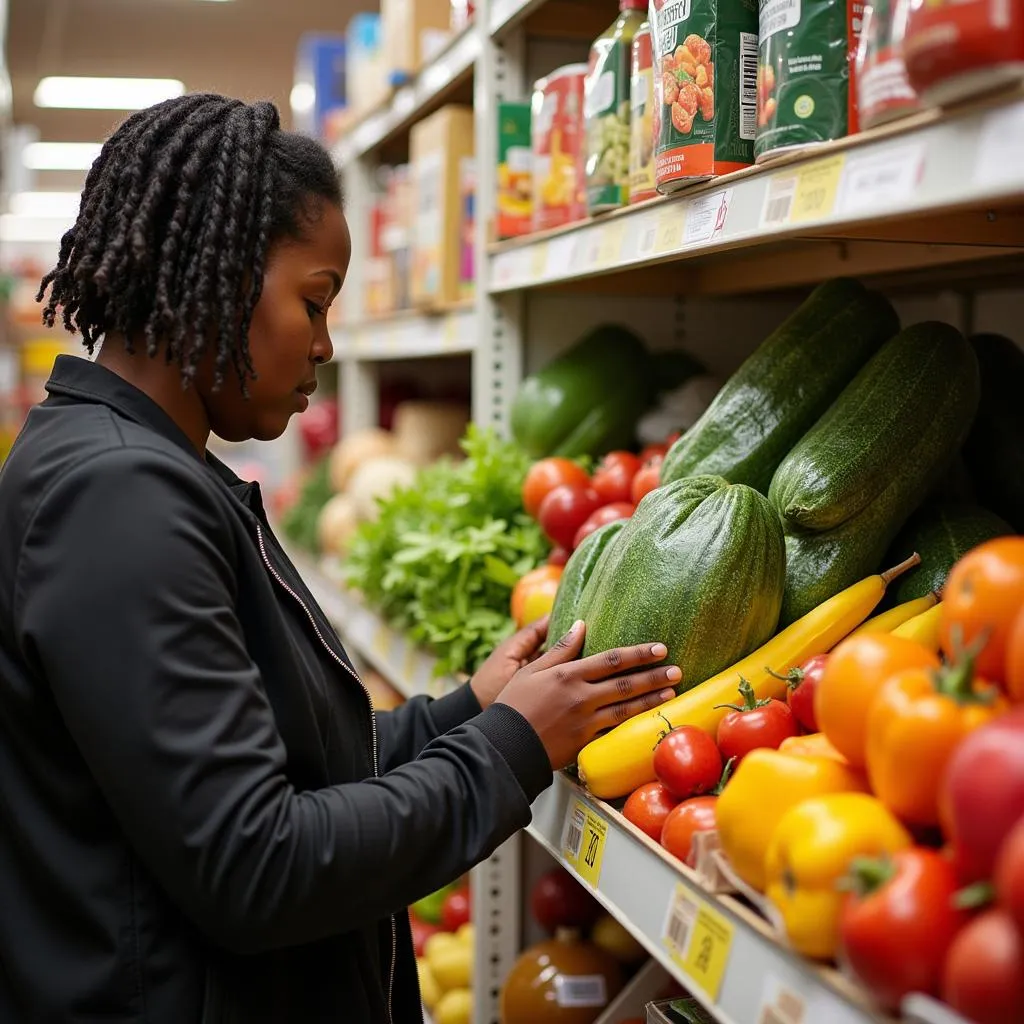 A client at Vernon Food Pantry selecting fresh fruits and vegetables.