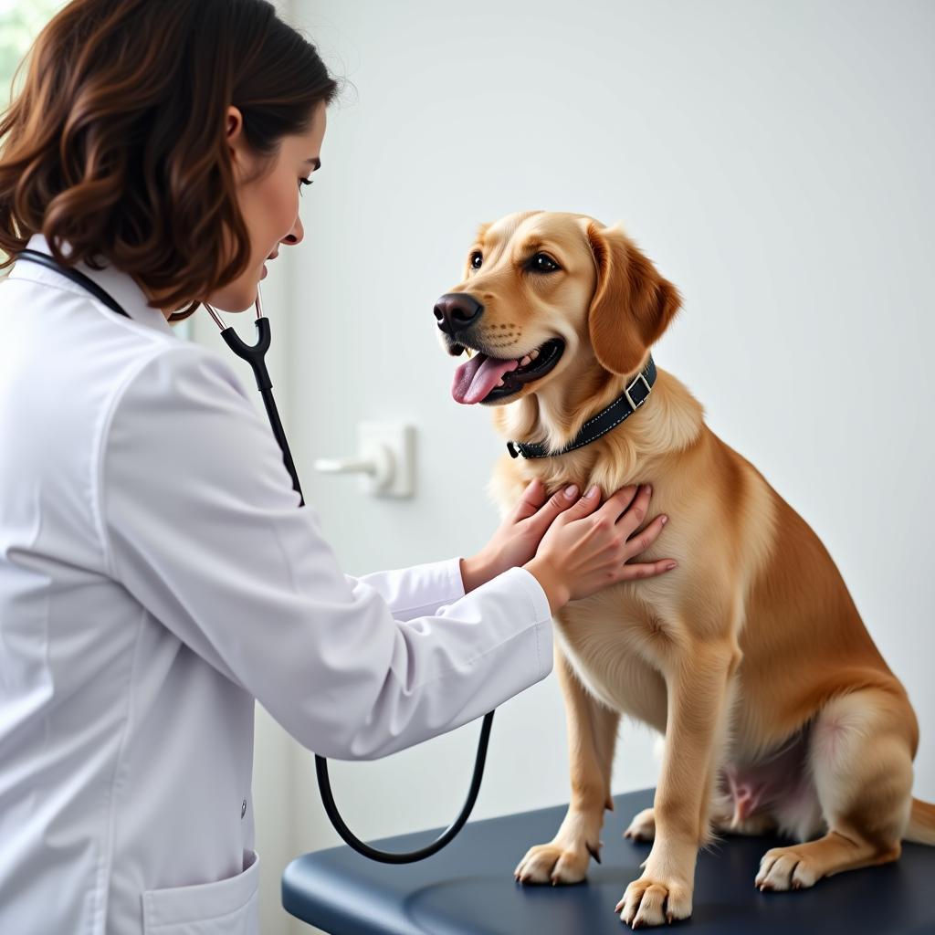 Veterinarian examining a dog's health.