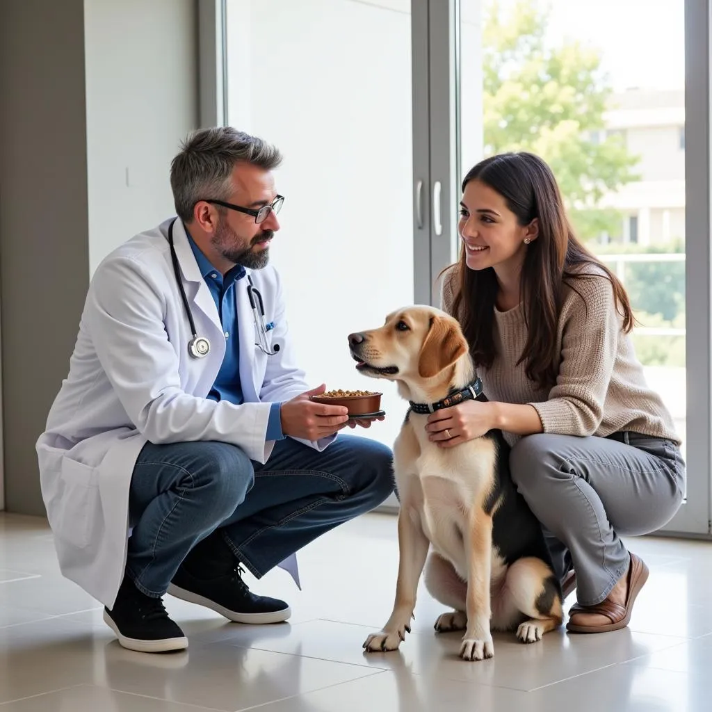 Veterinarian and dog owner discussing raw food