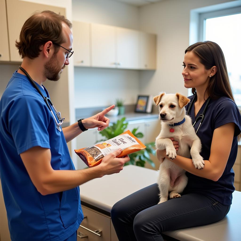 Veterinarian explaining the importance of low purine dog food to a dog owner