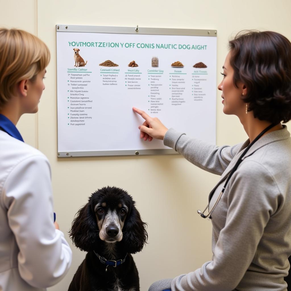 Veterinarian discussing dog food options with a standard poodle owner