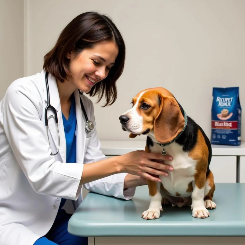 Veterinarian Examining a Beagle with Blue Ridge Beef Dog Food Bag