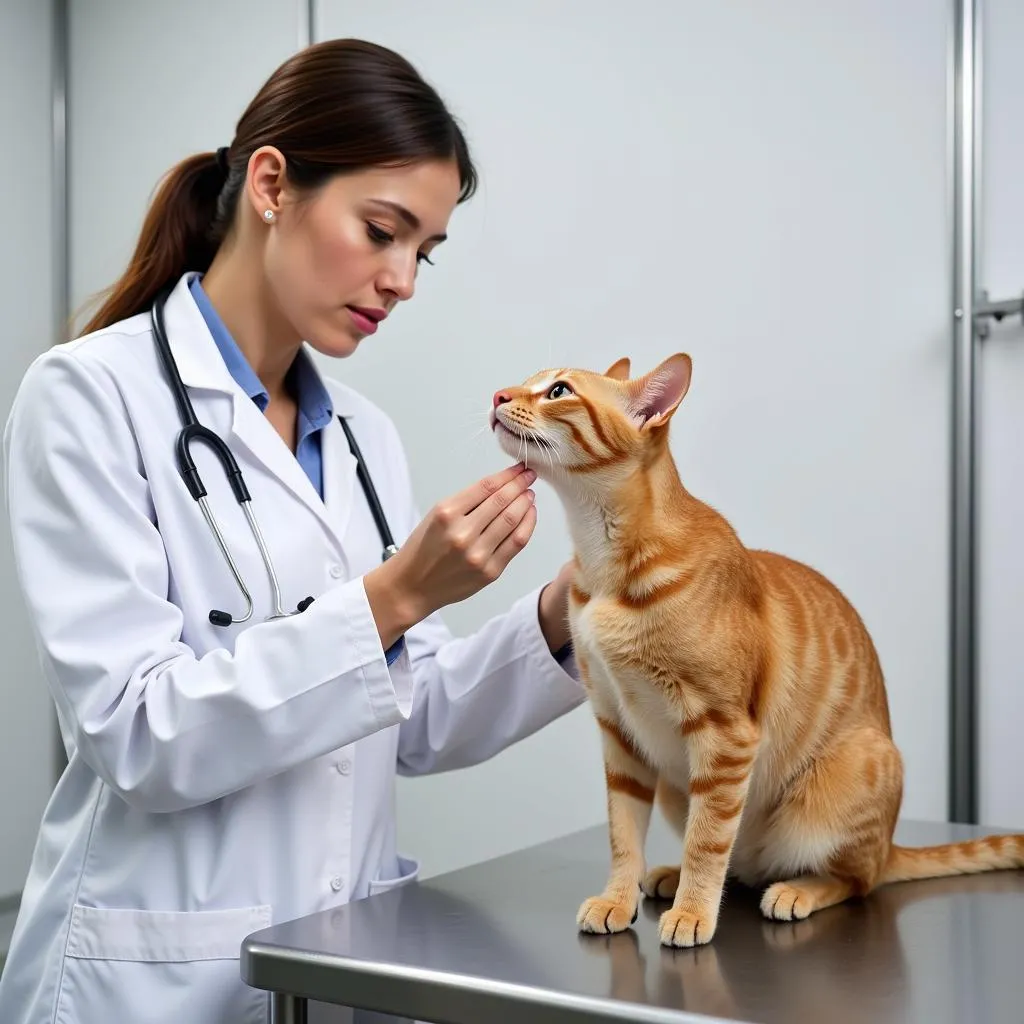  A veterinarian in a white coat is examining a cat on an examination table.