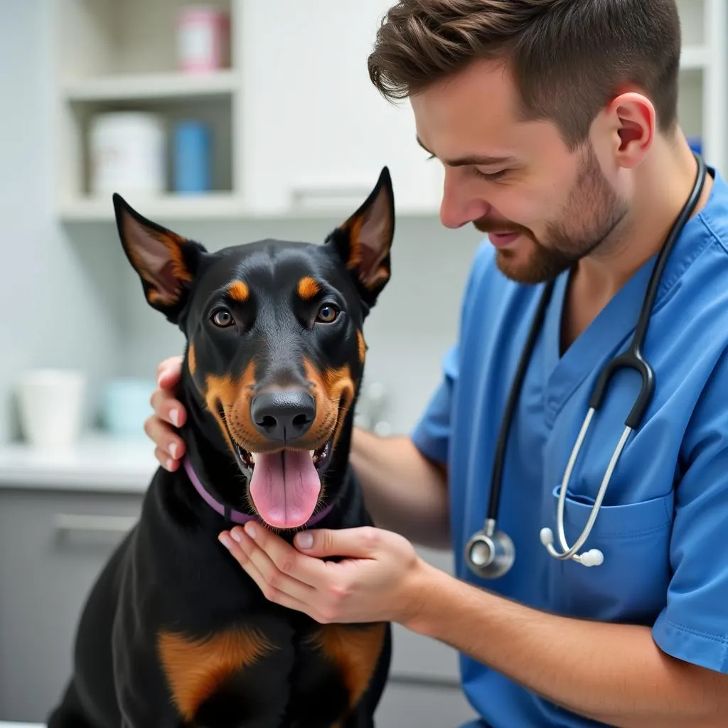 Veterinarian examining a Doberman Pinscher in a clinic