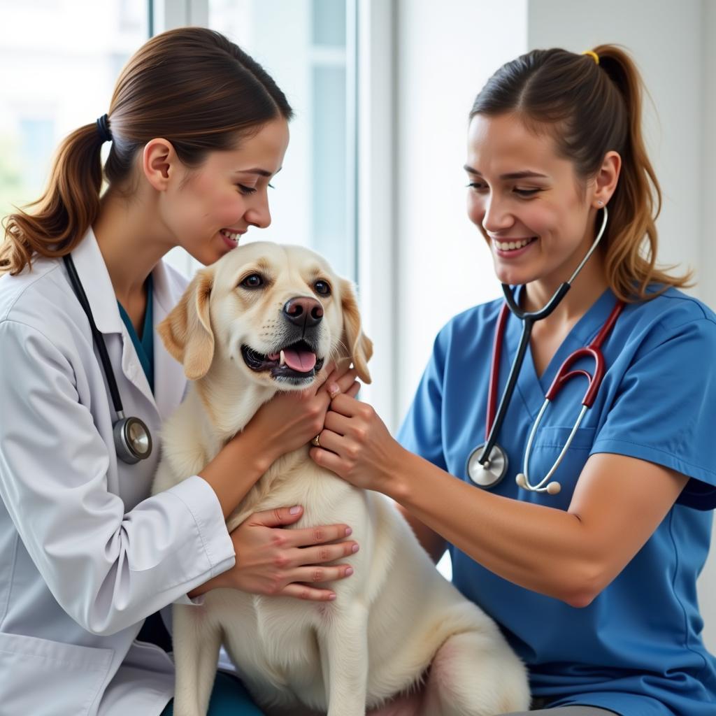 A veterinarian examining a dog