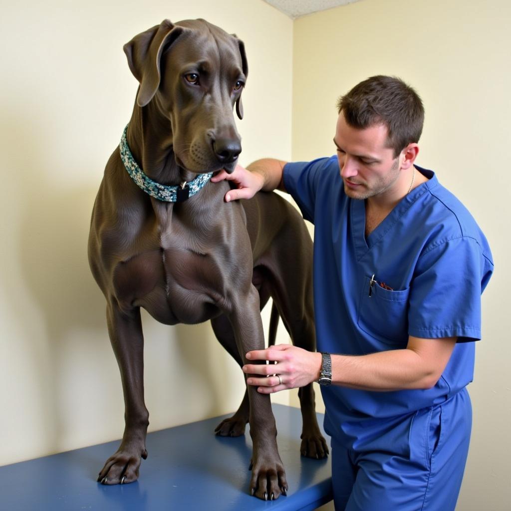 A veterinarian checks the joints of a large breed dog during a checkup