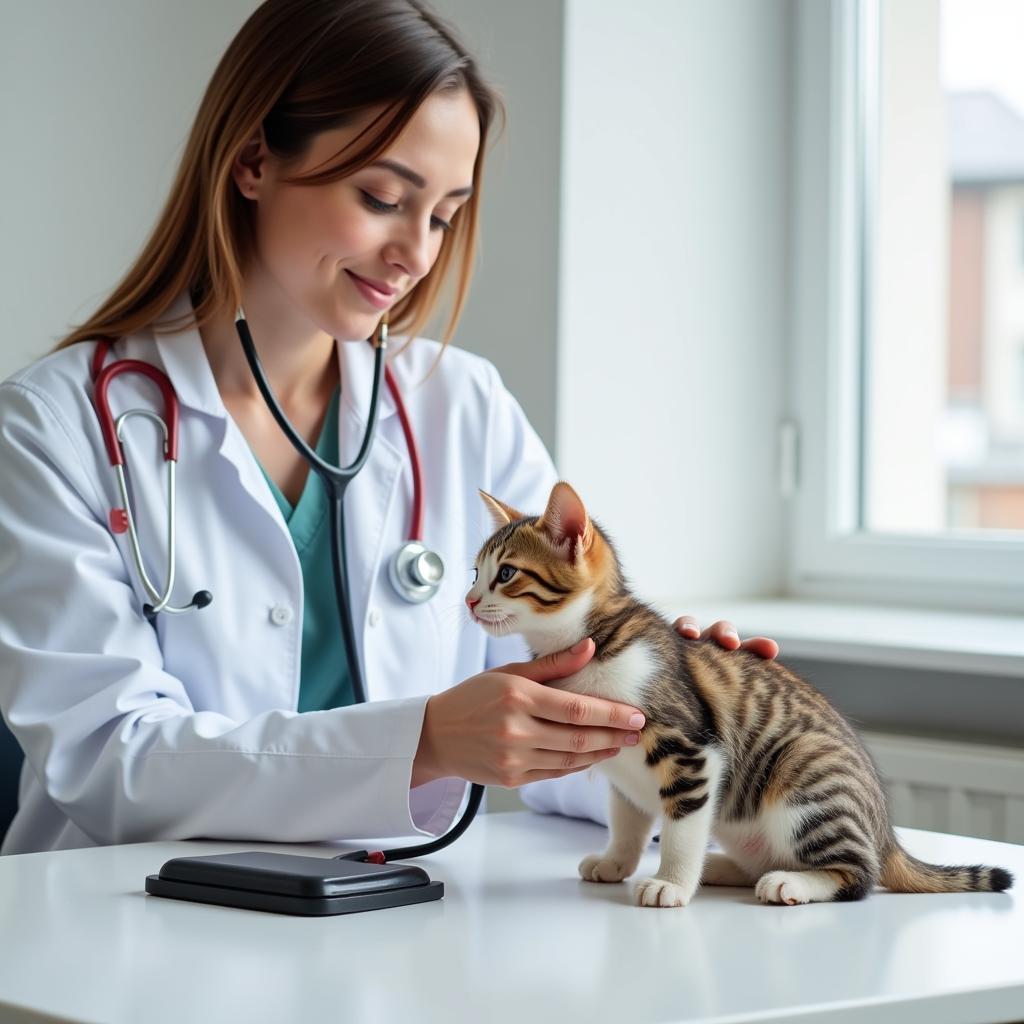 A veterinarian carefully examining a kitten during a check-up