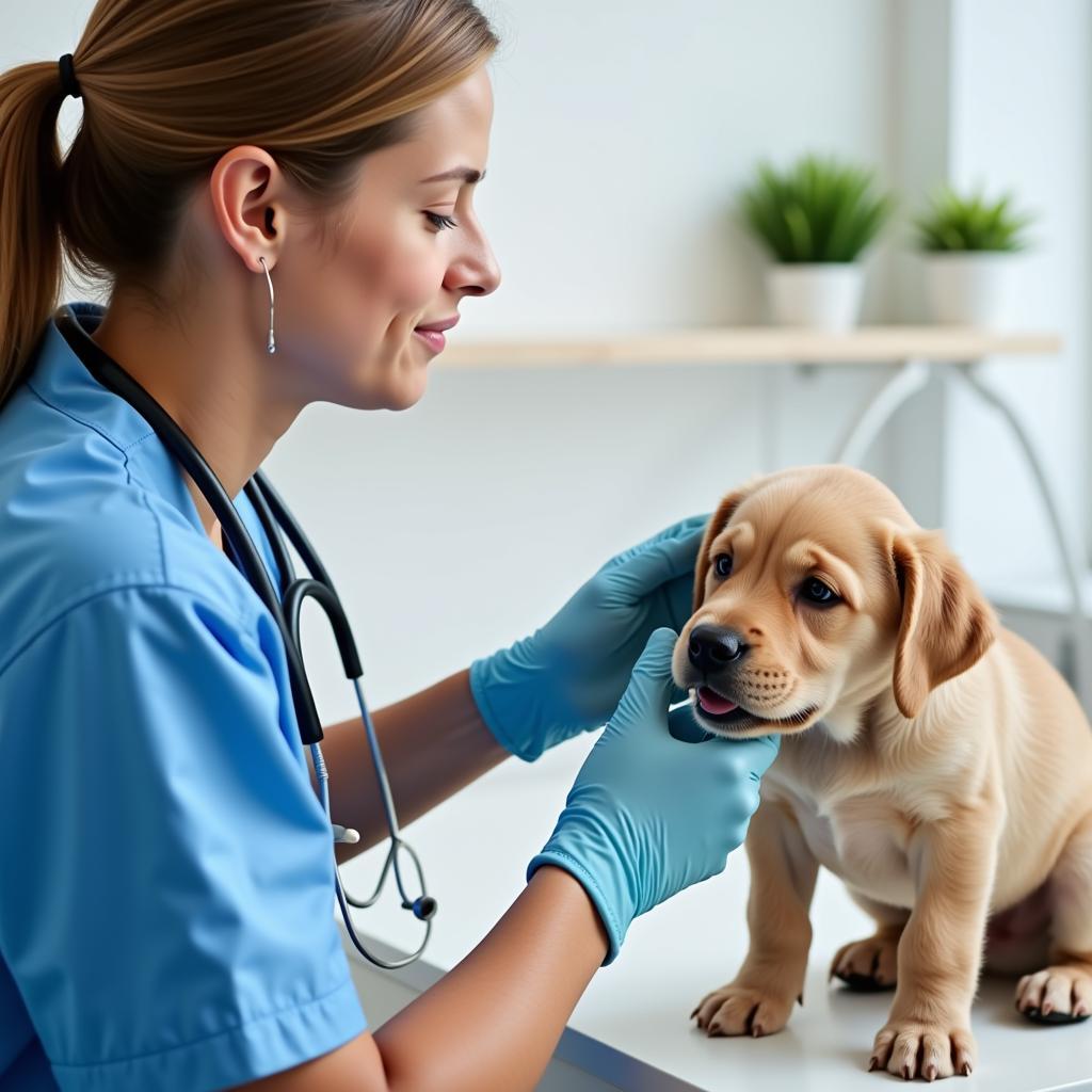 Veterinarian Examining a Puppy 