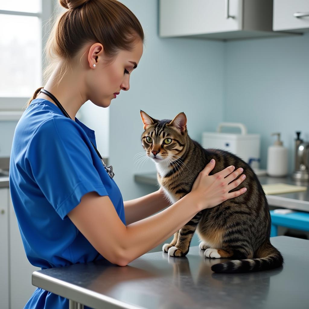 A veterinarian checks the health of a tabby cat