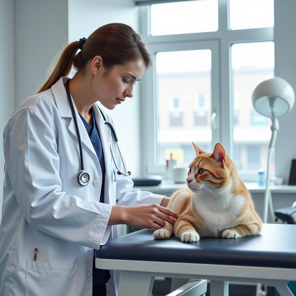 A veterinarian examining a cat in a clinic