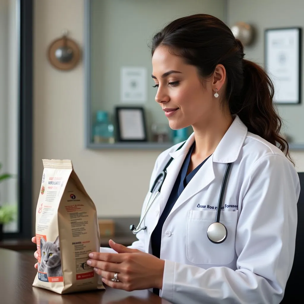 A veterinarian carefully examining the ingredient list of a cat food bag