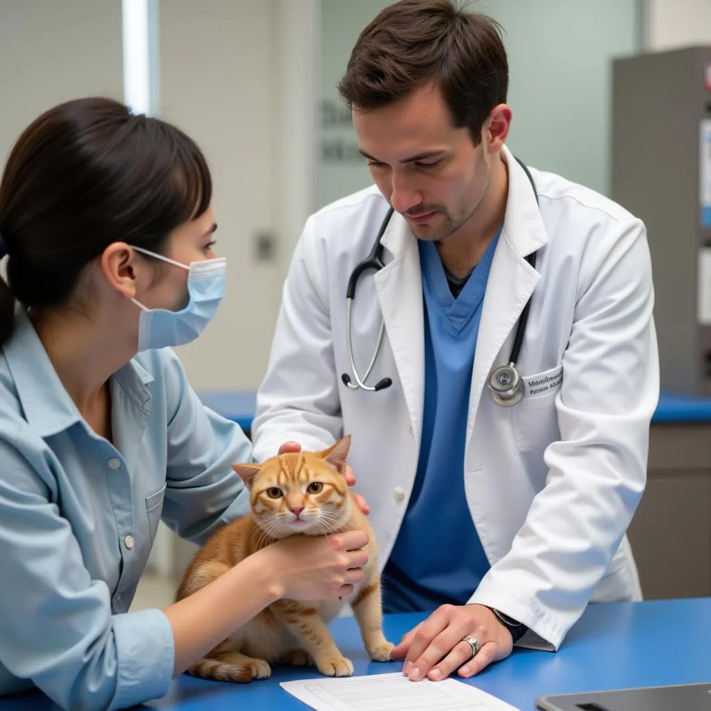 Veterinarian carefully examining a cat diagnosed with liver disease