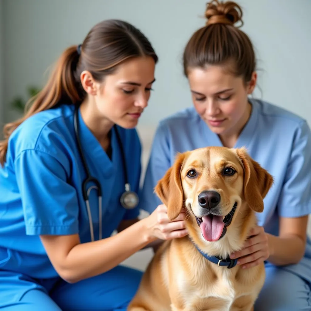 A veterinarian examines a dog while the owner observes