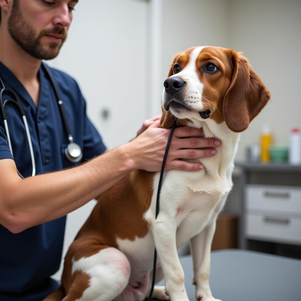 A veterinarian in a blue uniform examining a dog while the owner pets it.