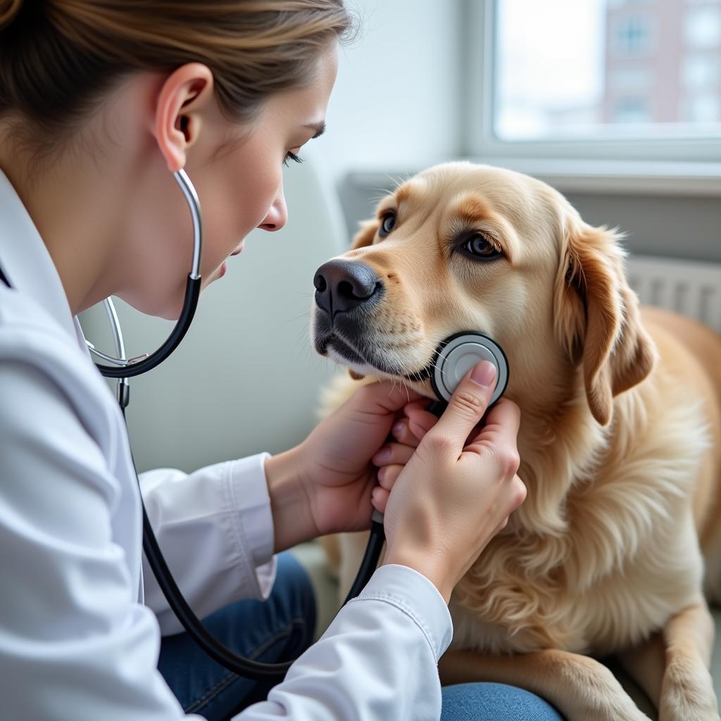 Veterinarian checking a dog's heart